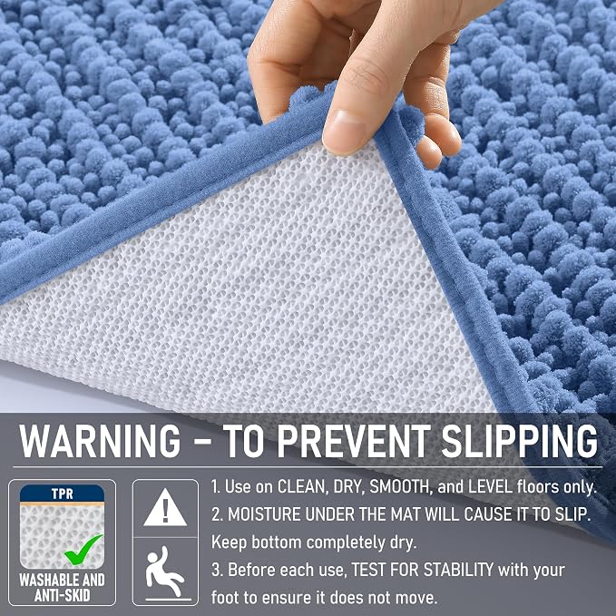 OLANLY Bathroom Rug Mat 44x24, Thick Soft and Absorbent Chenille Bath Mat, Non-Slip Rubber Backing, Machine Washable Quick Dry Bath Rugs for Tub Shower Floor, Home Decor Accessories, Cornflower Blue