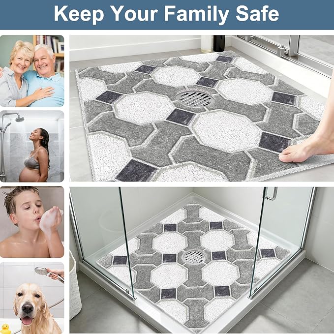 Square Shower Mat Non Slip: 32x32 Inch Extra Large Shower Mats for Inside Shower, Non Slip Shower Mat with Drain Hole in Middle- Anti Slip Shower Floor Mat, Loofah Shower Stall Mats for Elderly
