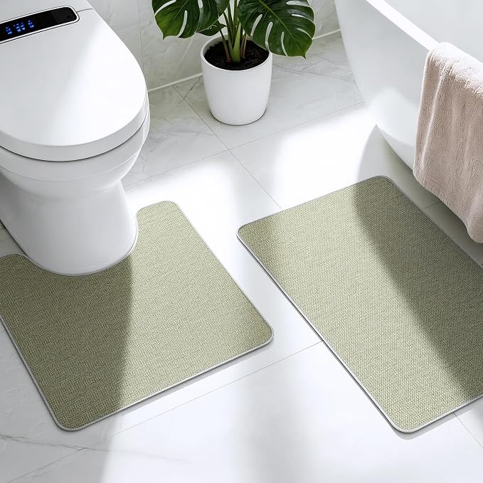 Bathroom Rugs Sets 2 Piece, Thin Bath Mat & U-Shaped Contour Toilet Rug Absorbent Quick Dry, Machine Washable, Non Slip Low Pile Bath Mats for Bathroom/Tub/Sink/Shower (27"x17" +24"x20" U, Sage Green)