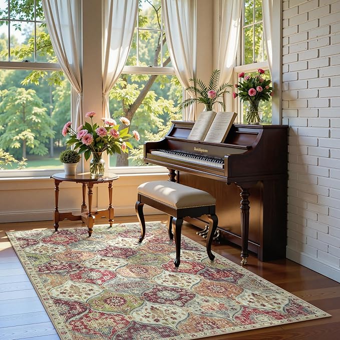 Lahome Moroccan Trellis Washable Small Area Rug, 3x5 Black Rug for Bedroom Living Room, Non-Slip Oriental Throw Carpet for Kitchen Office Entryway Bathroom Office Elise, Orange/Terracotta