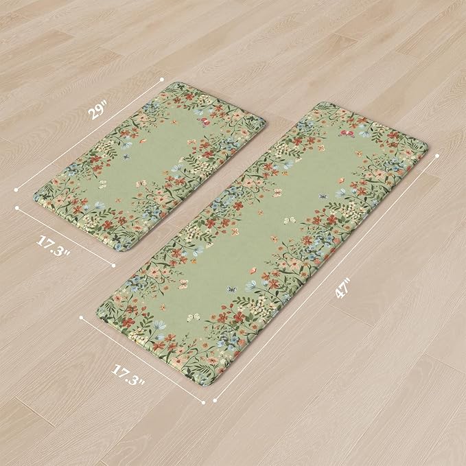 KIMODE Anti Fatigue Kitchen Mat for Floor, 17"x47"+17"x29" Butterfly Flower Kitchen Rugs Non Skid, Cushioned Padded Kitchen Floor Mat, Comfort Standing Mat for Laundry Office Sink Desk Sage Green