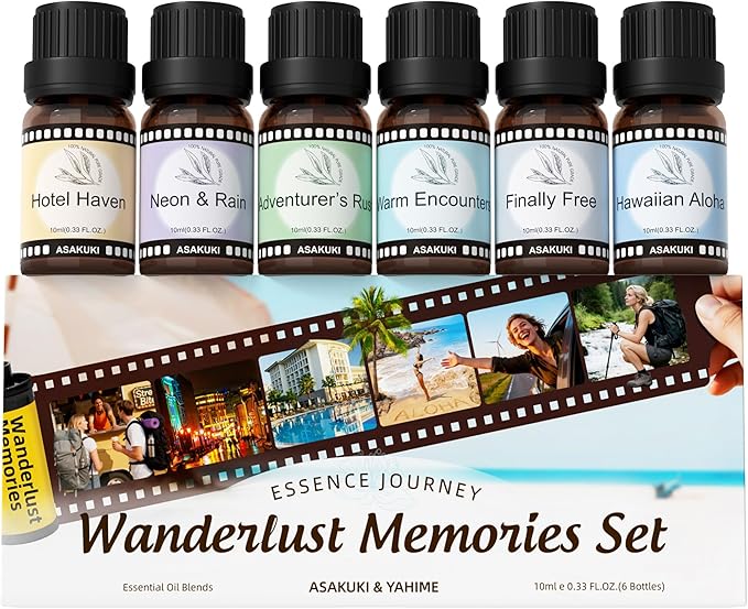 ASAKUKI Hotel Diffuser Oils Set, Hotel Scent Essential Oils for Diffuser, Travel-Inspired Luxury Fragrance Oil Blends,- Hotel Haven, Neon & Rain, Hawaiian Aloha, Warm Encounters, Finally Free