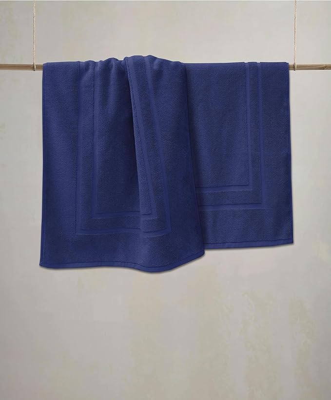 Feather & Stitch 2 Piece Towel Like Bath Mats (30x21 Inch) 100% Cotton Terry Bath Mats, Bathroom Shower Floor Mats [NOT A Bathroom Rug], Soft Absorbent Washable Mats - Navy Blue