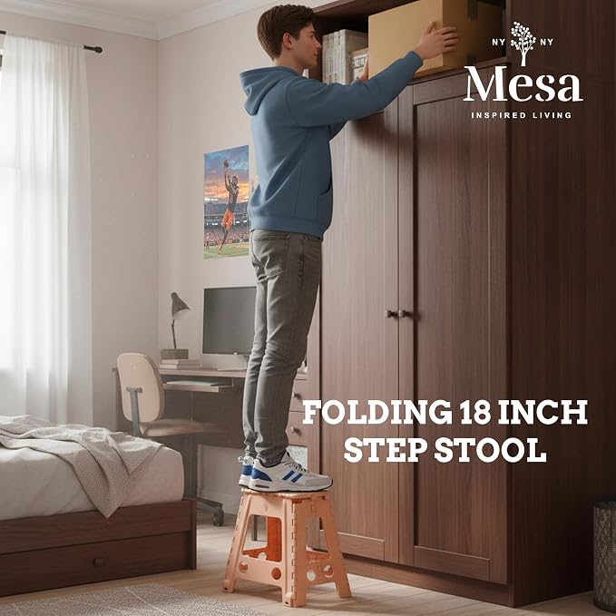 Inspired Living 18" Step Stool, Folding Step Stools for Adults, Plastic Foldable Step Stools Kids, Holds Up to 330 lbs, Collapsible Folding Stool for Kitchen, Bathroom, Bedroom - Blush/Grey