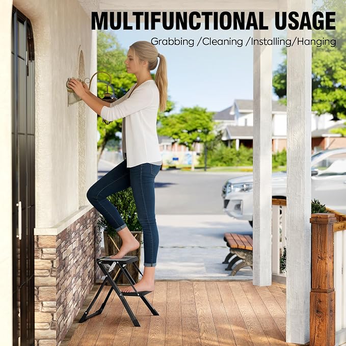 URACKIFY 2 Step Stool Foldable, Step Ladder with Non-Slip Rubber mat, Step Stool with Release Button, Lightweight Steel, Black, for up to 330LBS.