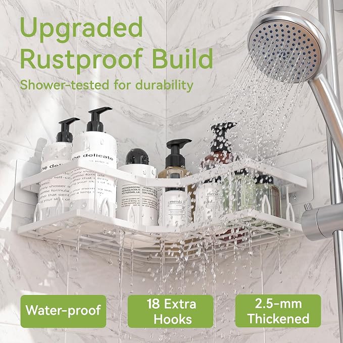 Shower Shelf Corner, Adhesive Shower Caddy Rustproof, Shower Shelves Corner with Soap Holder, No Drilling Shower Corner Organizer for Dorm, Renters Bathroom, White, 3 Pack