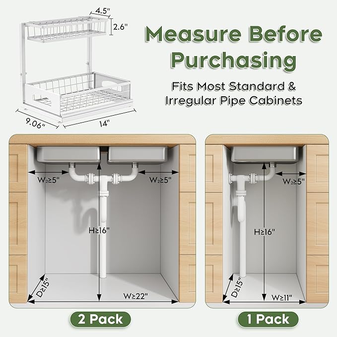 Under Sink Organizer, Cabinet Organizer for Kitchen, Height Adjustable Pull Out Heavy Duty 2 Tier Metal Under Sink Storage for Bathroom Pantry (White, 1 Pack)
