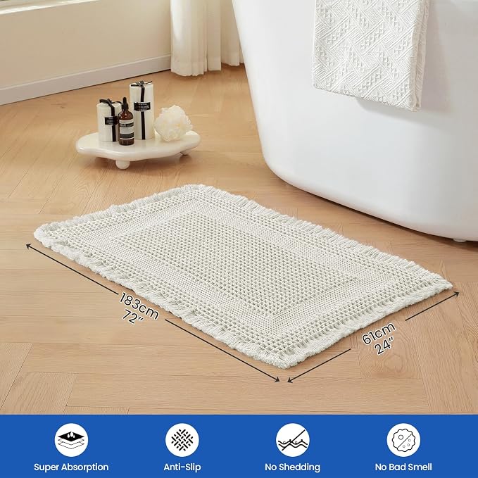 Waffle Bath Mat - Non Slip Bathroom Rugs - Washable Super Absorbent & Quick Dry Bath Mats with Tassels for Hallway Bedroom Laundry Room,24" x 72",Beige White