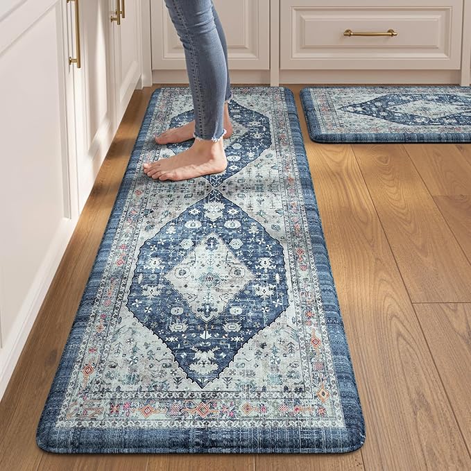 Collive Boho Kitchen Rugs Set of 2 Non Skid Kitchen Mats for Floor Cushioned Anti Fatigue Kitchen Floor Mats Waterproof Comfort Heavy Duty Foam Mats for Standing Desk Sink Laundry, 17.3"x29"+17.3"x59"