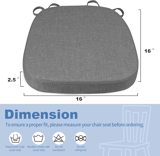 BUYUE Thickened 2.5" Dining Chair Cushions Set of 4, U-Shape High Density Foam Comfortable Chair Pads for Kitchen, Slip Resistant Indoor Seat Cushions (4 PCS, Dark Gray)