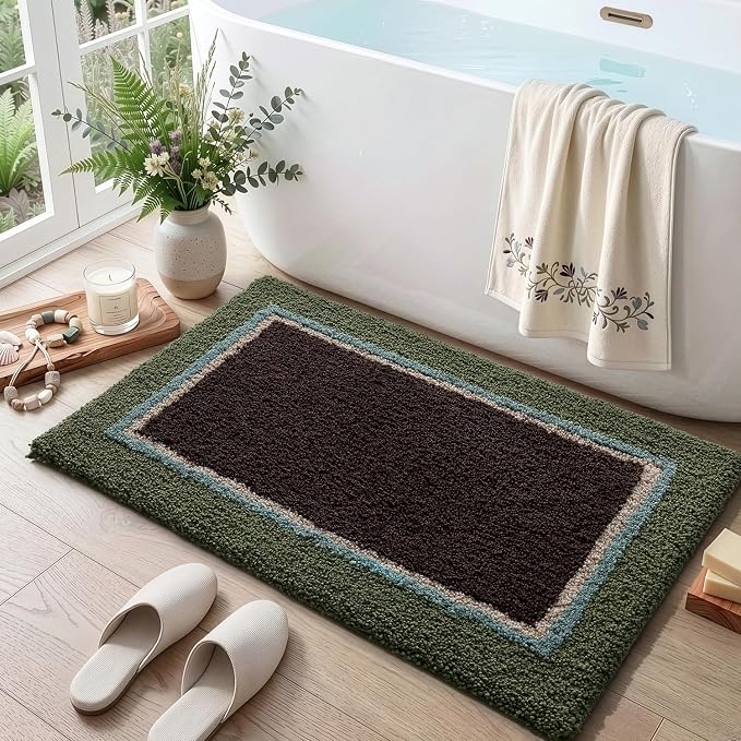 DEXI Bathroom Rugs 43x24, Absorbent Extra Soft Plush Microfiber Bath Mat for Bathroom, Non Slip Washable Bathmat Quick Dry for Shower Floor, Sink, Tub, Laundry Room, Green and Brown