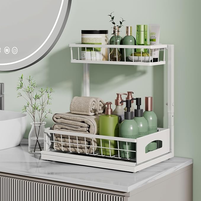 Under Sink Organizer, 2 Pack Cabinet Organizer for Kitchen, Height Adjustable Pull Out Heavy Duty 2 Tier Metal Under Sink Storage for Bathroom Pantry (White, 2 Pack)