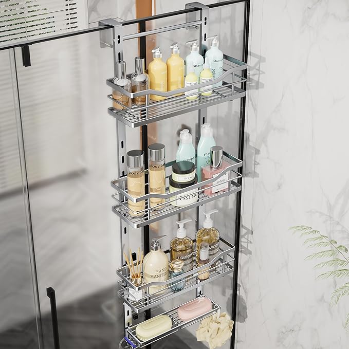 SWTYMIKI Over the Door Shower Caddy - 4 Tier Adjustable Shower Organizer Hanging with Soap Holder, No Drilling Stainless Steel Bathroom Rack Hanging for Body Wash, Shampoo, Soap, Razor, Silver