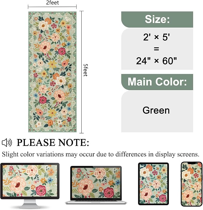 DUKINO 2x5 Runner Rug for Hallway, Washable Kitchen Floral Runner Rug with Non Slip Backing, Low Pile Soft Boho Carpet for Kitchen, Hallway, Entryway, Laundry, Bedroom, Green
