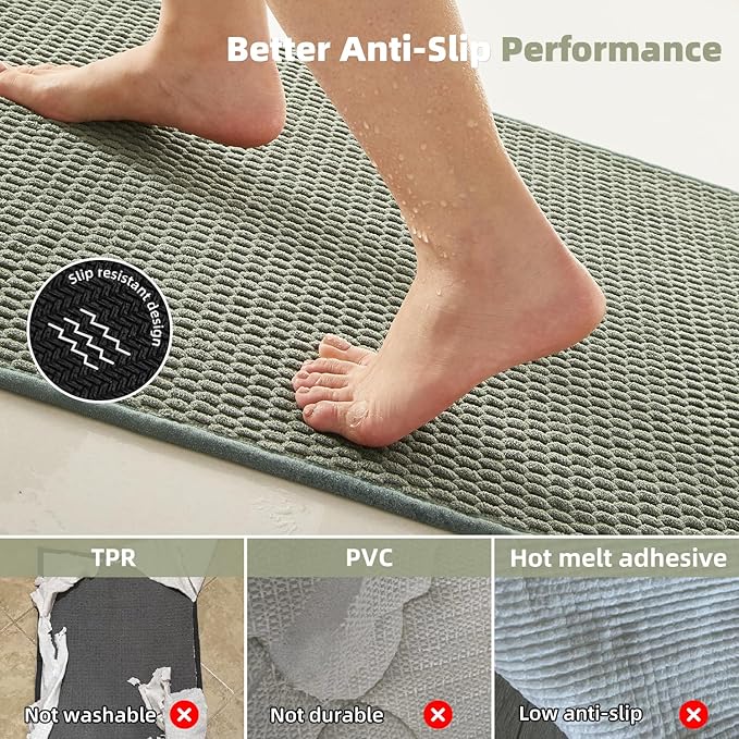 TYUU Bathroom Runner Rugs, Long Bath Mat Runner Washable Thin Quick Dry Low Pile Bathroom Runner Rugs Non Slip, Sage Green 24"x70"