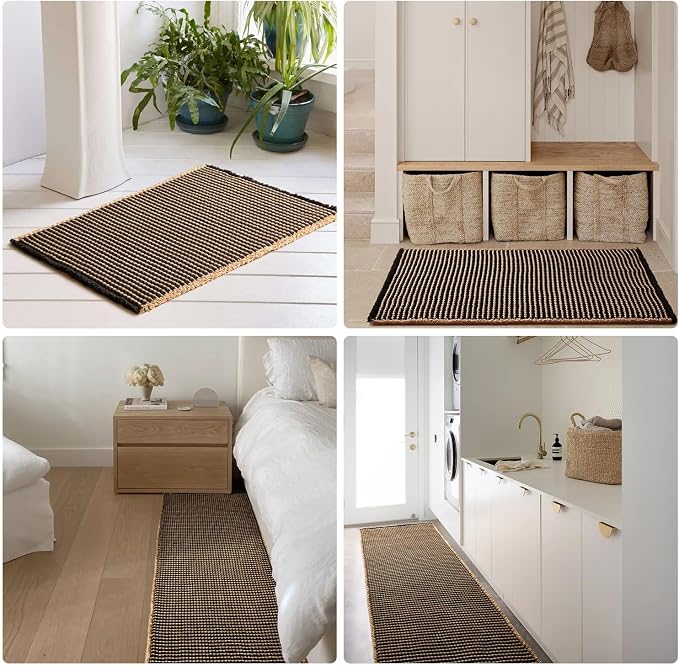 TYUU Waffle Bath Mat, Boho Bathroom Rugs Non Slip Washable Super Absorbent Quick Dry Bath Mat Farmhouse Bathroom Decor, 48"x24" Khaki and Black