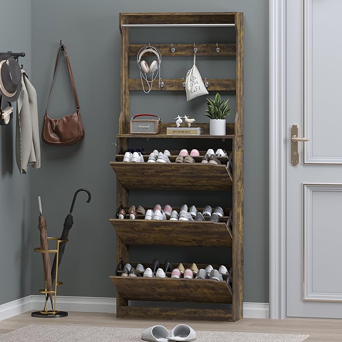 BORNOON Shoe Cabinet with 3 Flip Drawers & Coat Rack, Narrow Hidden Shoe Storage Cabinet, 2-in-1 Hall Tree Slim Freestanding Shoe Rack Organizer for Entryway, Hallway, and Living Room