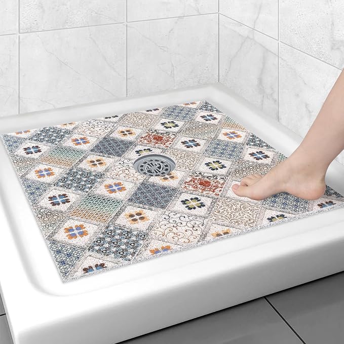 Square Shower Mat Non Slip: 27x27 Inch Extra Large Shower Floor Mat with Drain Hole in Middle - Soft PVC Loofah Bath Mat for Shower - Anti Slip Shower Stall Mat for Elderly and Kids