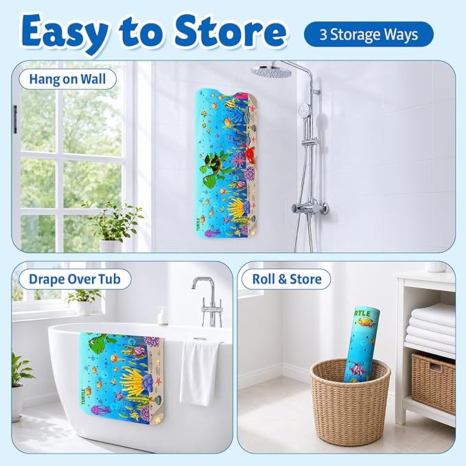XIYUNTE Baby Bath Mat for Tub Non Slip Kids Bath Mat - 40''x16'' Extra Long Cartoon Bathtub Mat Non Slip Kids Shower Mat Eco-Friendly Toddler Bath Mats with Suction Cups, Machine Washable, Sea Turtle