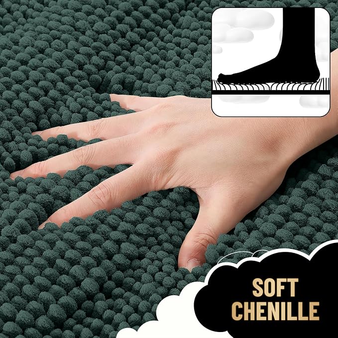 OLANLY Thick Bathroom Rugs 30x20, Extra Absorbent Chenille Striped Bath Rugs, Rubber Backing, Machine Wash Dry, Bath Mats for Bathroom Floor, Tub and Shower, Home Decor Accessories, Blackish Green