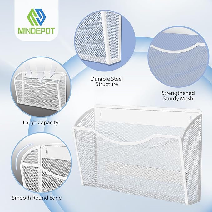MINDEPOT Magnetic Wall File Holder - Metal Mesh Wall File Organizer with Powerful Magnet Single Pocket Wall Folder Holder for Office File Cabinet Whiteboard, No Assembly Required, Space Saver, White