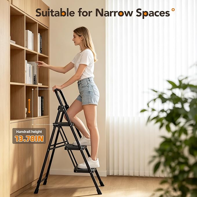 HBTower 3 Step Ladder, Heavy Duty Step Stools for Adults, Safe-Lock Design & Handrail, Step Stool Foldable with Anti-Slip Pedal and Feet, Ladders for Home Kitchen Garage Outdoor, 330 Lbs, Black