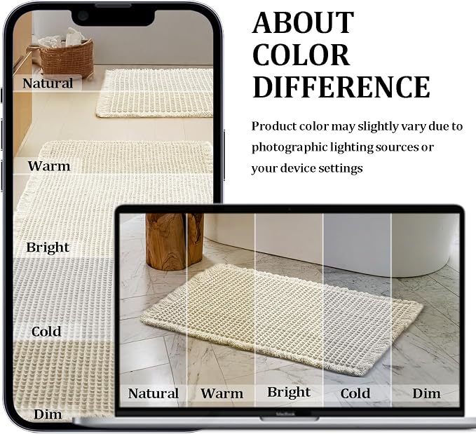 JIUZHEN Set of 2 Waffle Bath Mats Non Slip Waffle Bathroom Runner Rug Washable Boho Runner Bath Rugs Super Absorbent Shower Mat for Bathroom Kitchen Hallway Laundry, 16" x 24" +24" x 48", Ivory