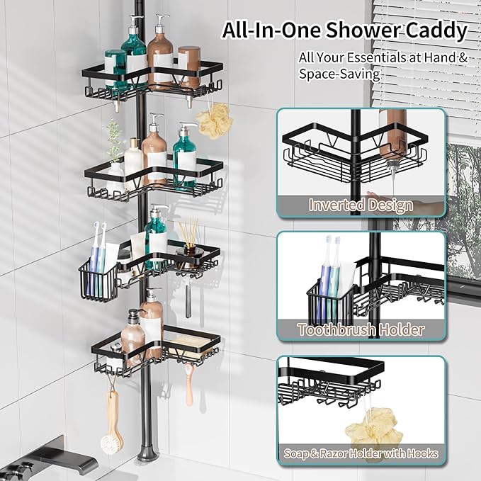 KEGII Shower Caddy Corner Tension Pole with Toothbrush Holder - Adjustable Corner Shower Organizer with Tooth Brush Holder, No Drilling Rustproof Bathroom Shelf Storage Rack, Fits 25-114.2 Inch