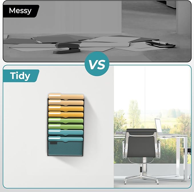 SUPEASY 8 Tier Wall File Organizer, Hanging Wall Mounted Mail Organizer with Label Slots, Metal Mesh File Holder Magazine Rack for Office, Home, School or Classroom, Black