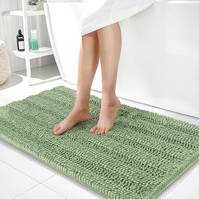 OLANLY Thick Large Bathroom Rugs 40x24, Extra Soft Absorbent Chenille Striped Bath Rugs, Rubber Backing, Machine Wash, Bath Mats for Bathroom Floor, Tub and Shower, Home Decor Accessories, Sage Green