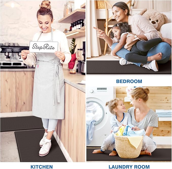 StepRite Kitchen Mats, 2PCS Kitchen Rugs, Cushioned Anti Fatigue Kitchen Mats for Floor, Non-Slip Standing Desk Mat, Waterproof Kitchen Rug Set for Kitchen, Floor, Office,17.3"x30"+17.3"x70",Chocolate