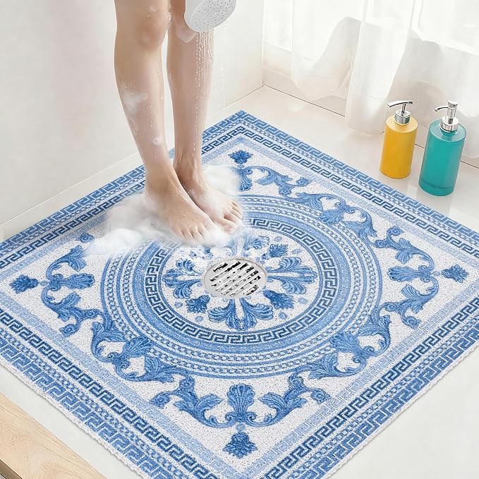 Square Shower Mat Non Slip: 32x32 Inch Extra Large Shower Mats with Drain Hole in Middle -Anti Slip Shower Mats for Inside Shower -Loofah Shower Floor Mat Bath Mat for Shower Stall Bathtub Elderly