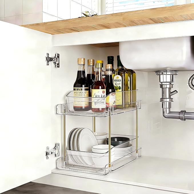LAREKUN4pack 2-Tier Organizer & Storage Unit Stackable Bathroom Cabinet Organizer Pull-Out Kitchen Pantry Organizer & Storage System Suitable for Countertops, Pantries, Kitchens, Bathrooms