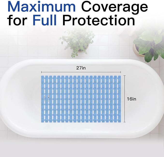 Non Slip Bathtub Mat - Shower Mats for Inside Shower, Rectangular PVC Tub Mat with 200+ Suction Cups for Safety, 27x16 Inch, Pastel Blue