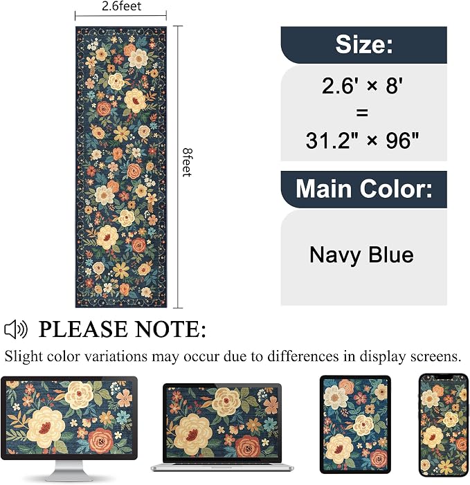 DUKINO Runner Rug, 2.6x8 Kitchen Rug for Hallway with Non Slip Backing, Washable Low Pile Soft Boho Floral Runner Carpet for Hallway, Kitchen, Entryway, Laundry, Bedroom, Dark Blue