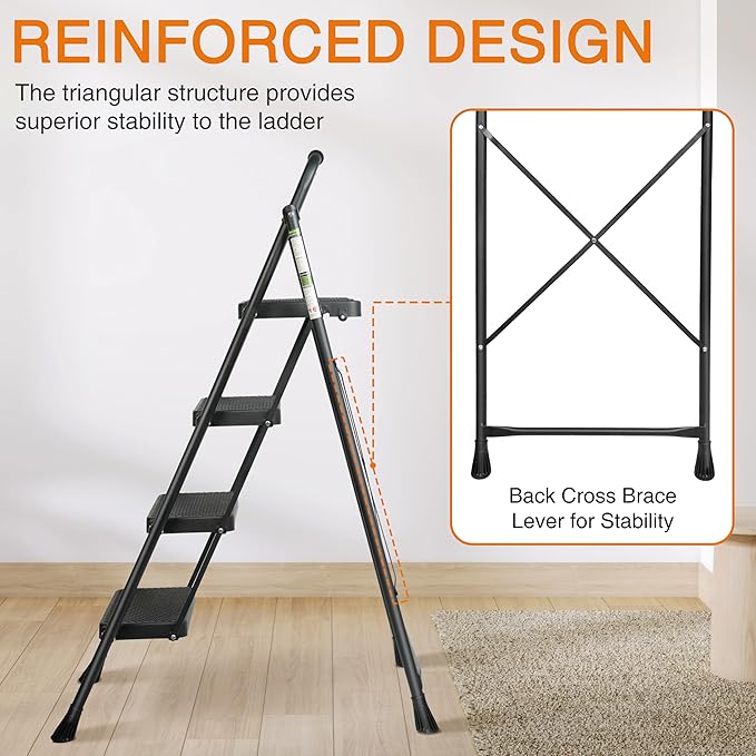 Arbusb Step Ladder, Folding Step Stool with Wide Anti-Slip Pedals, Sturdy Steel Ladder with Handrail, Space-Saving, Portable for Home & Adults, 4 Step Ladder