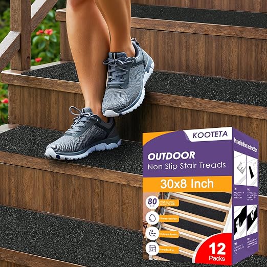 Outdoor Stair Treads for Wooden Steps Non Slip, KOOTETA 12 Pack 30" x 8"Anti Slip Strips Adhesive for Stair,Waterproof Weather Resistant Exterior Grip Tape 80-Grit Non Skid Traction Stair Treads,Black