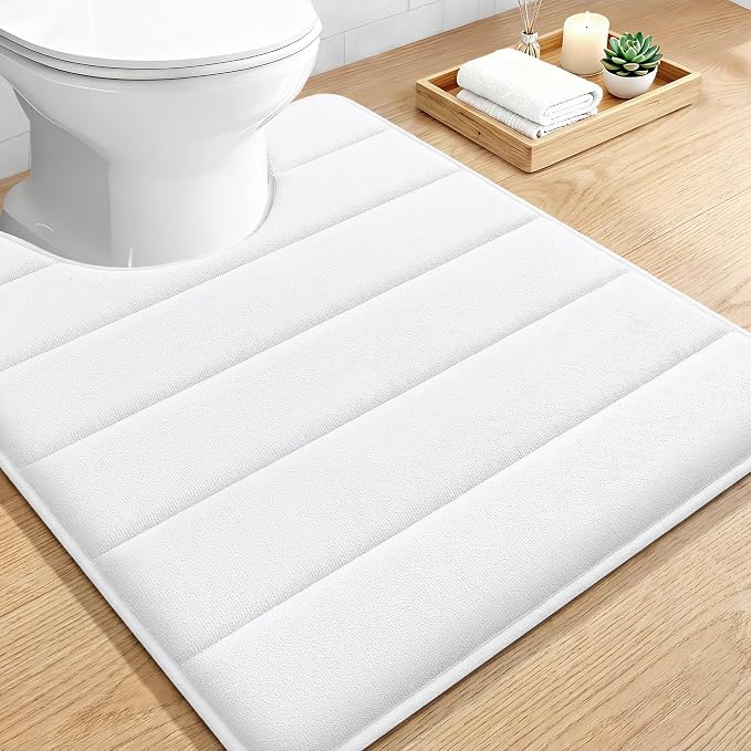 OLANLY Memory Foam Toilet Rugs U Shaped 24x20, Super Soft Absorbent Contour Bath Rugs, Quick Dry, Machine Washable Toilet Mat, Bathmat Floor Carpet, Bathroom Home Decor Accessories, White