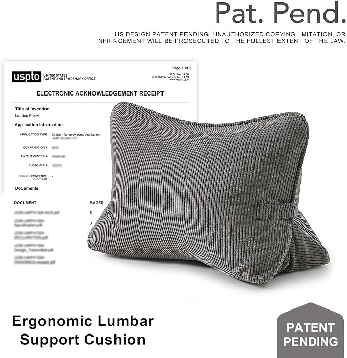 Pat. Pend. Corduroy Lumbar Support Backrest Pillow for Sitting & Reading, Ergonomic Triangle Cushion for Sofa, Armchair & Bed, Removable Cover, Dark Grey