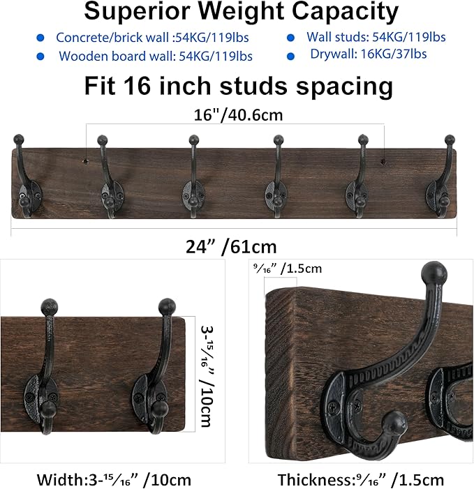 WEBI Rustic Coat Rack Wall Mount,24" Long 6 Cast Iron Coat Hooks Wall Mounted,Heavy Duty Wood Wall Coat Hanger Hooks for Hanging Coats,Jacket,Clothes,Backpack,Farmhouse,Weathered Brown