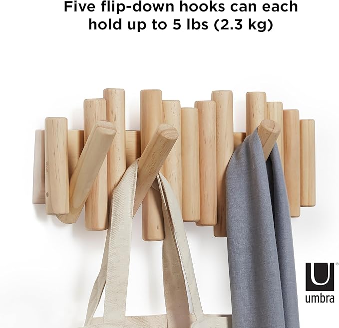 Umbra Picket Wall-Mounted Coat Rack Rail Hook with 5 Retractable Wood Pegs – Modern, Space-Saving Storage Organizer, Natural (Pack of 3)