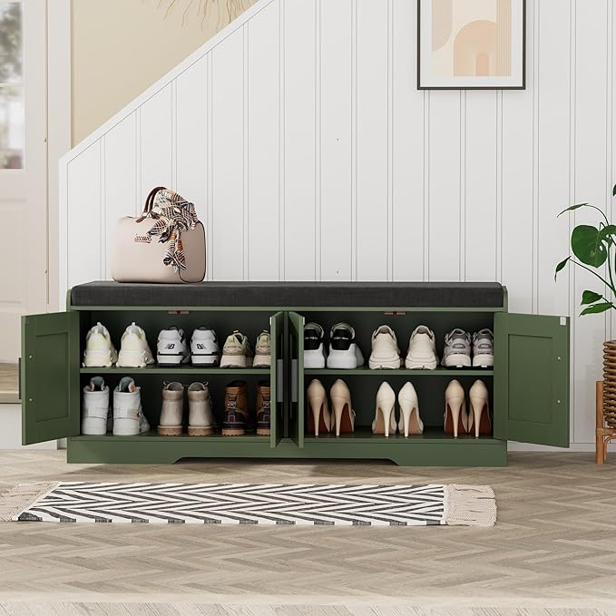 Homleke 2-Tier Storage Bench, Shoe Bench with Thickened Padded Seat Cushion, Entryway Bench with 4 Doors, Adjustable Shelf, 13.8" D x 45.3" W x 18.5" H, for Entryway, Living Room, Bedroom, Green