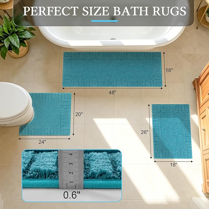 Pauwer Bathroom Rugs Sets 3 Piece Non Slip Machine Washable Bathroom Shower Rugs with U-Shaped Contour Toilet Mat Plush Shaggy Absorbent Microfiber Bath Mat Set, Aqua Blue