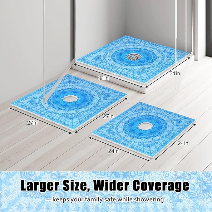 Square Shower Mat Non Slip: 24x24 Inch Shower Floor Mat with Drain Hole in Middle, Super Soft and Comfortable PVC Loofah Massage Bath Mat for Shower, Anti Slip Shower Stall Mat, Quick Drying