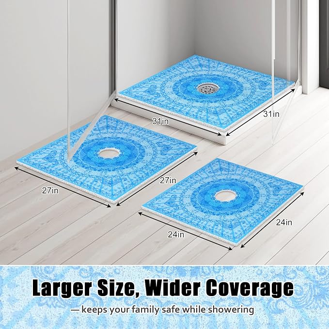 Square Shower Mat Non Slip: 27x27 Inch Extra Large Shower Floor Mat with Drain Hole in Middle - Soft PVC Loofah Bath Mat for Shower - Anti Slip Shower Stall Mat for Elderly and Kids