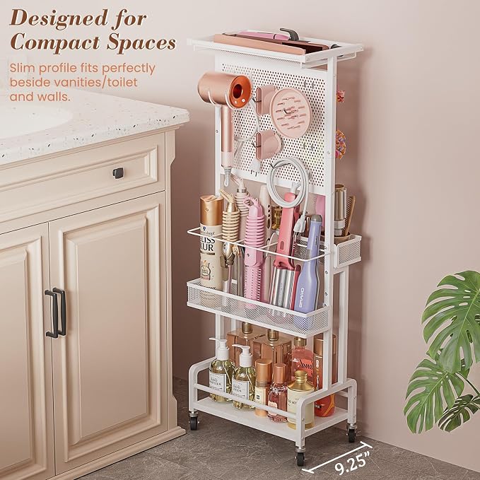 Hair Tool Organizer Cart with Hair Dryer Holder, Narrow Bathroom Storage Cart for Curling Flat Iron & Hot Tools, Slim Hair Appliance Organizer for Vanity Styling Tools, Salon Cart with Tray on Wheels
