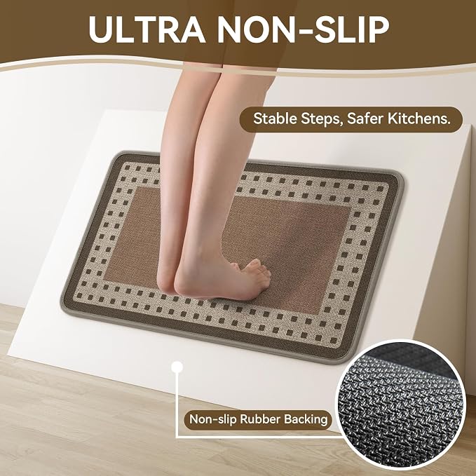 Kitchen Mats for Floor, 17''x30'' Washable Absorbent Kitchen Mat Non Slip, Braided Kitchen Runner Rug, Kitchen Sink Rug, Brown