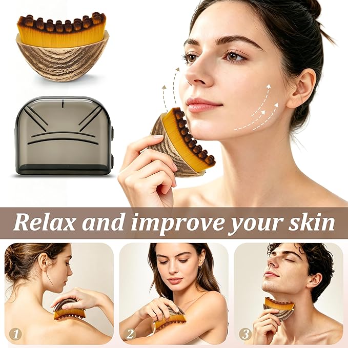 Silicone Back/Body/Face Scrubber & Lymphatic Contour Face Brush Set 4PCS, 13.4'' Soft Back Scrubber, 360° Anti-Slip Bath Glove, Unique Side-bristled Face Scrubber for All-Round Cleaning(Blue)