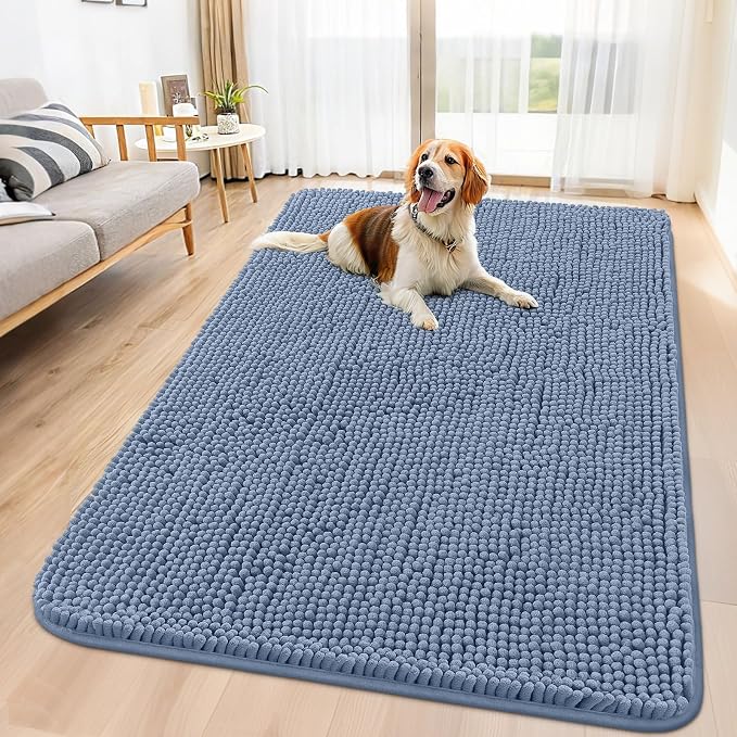 Smiry Dog Door Mat for Muddy Paws 59x35, Absorbent Dirt Trapper, Non-Slip Washable Chenille Entryway Rug for Inside Floor, Airy Blue, Classic Solid