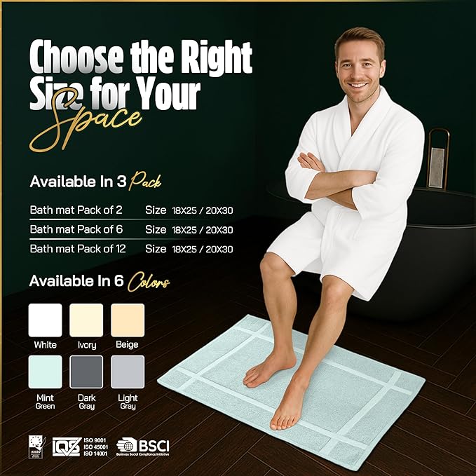 Pearl Linens Pack of 6 100% Cotton Bath Mat 18x25 inches, Soft & Absorbent Quick Dry Bathroom Mat Set, Not Bathroom Rugs, After Shower Mat, Bath Tub Mat, 781 GSM, Machine Washable, Mint Green